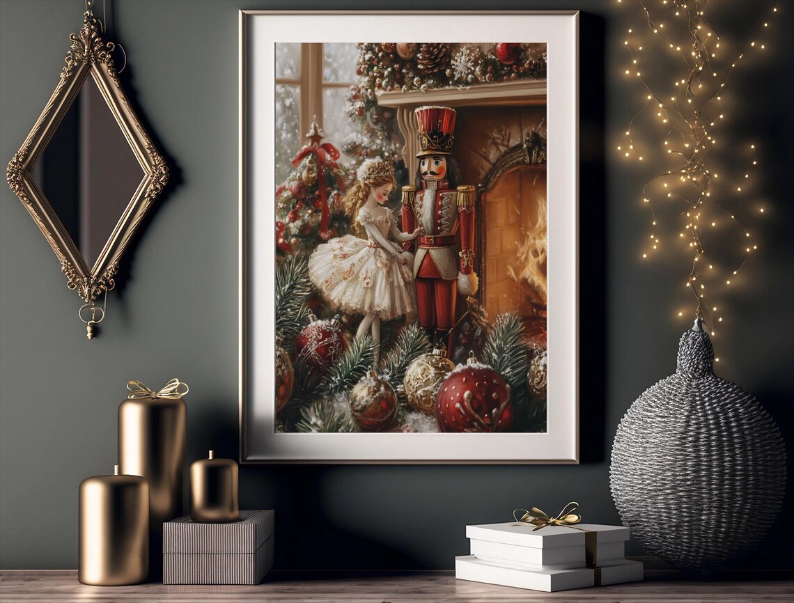 Vintage Nutcracker And Dancer Christmas Fireplace Scene