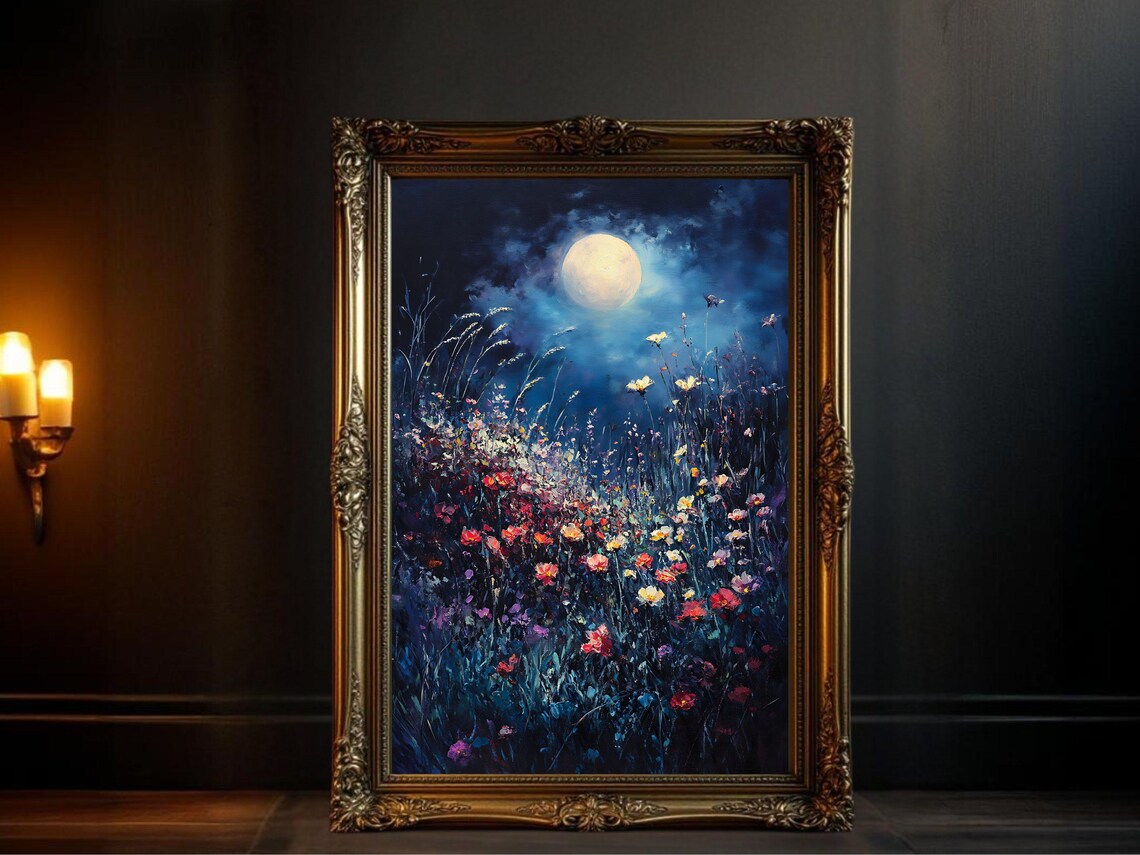 Moonlit Floral Landscape, Abstract Night Flowers