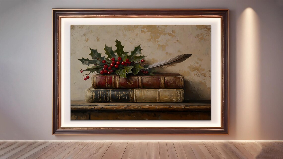Vintage Holly And Books Rustic Christmas Decor