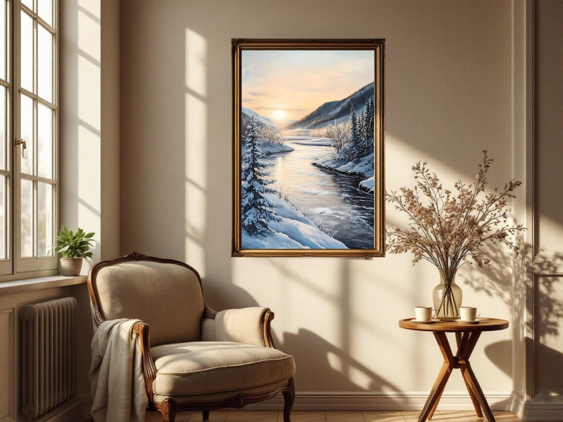 Winter Landscape Art Print, Snowy Mountain River - Image 3