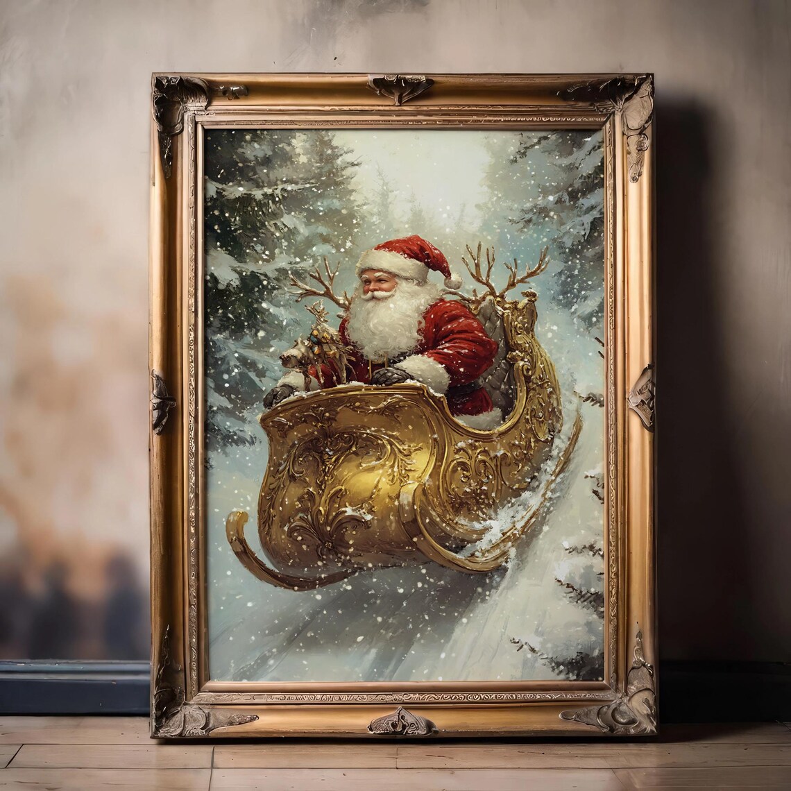 Vintage Santa Sleigh Ride, Rustic Christmas Scene