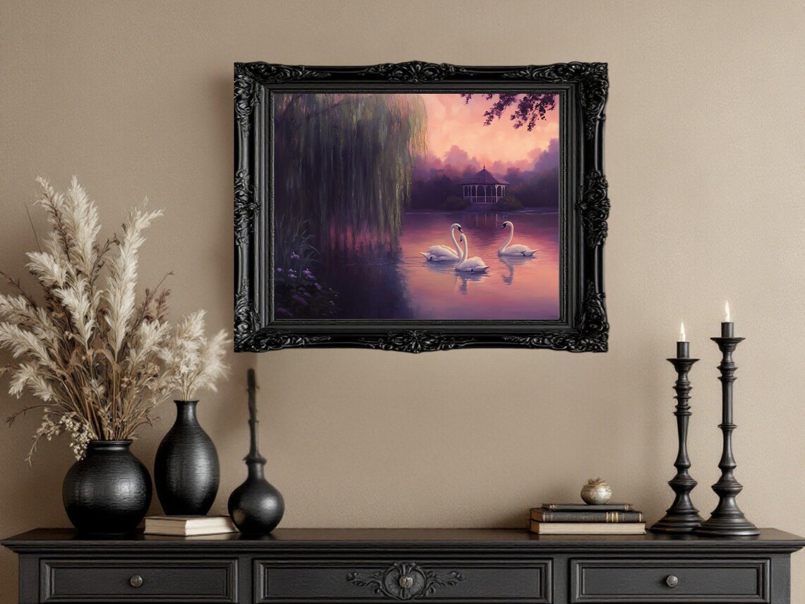 Serene Swan Lake At Dusk, Tranquil Landscape Poster - Image 2