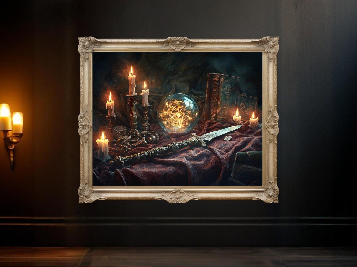 Enchanted Candlelit Scene, Magical Books and Sword Art Print