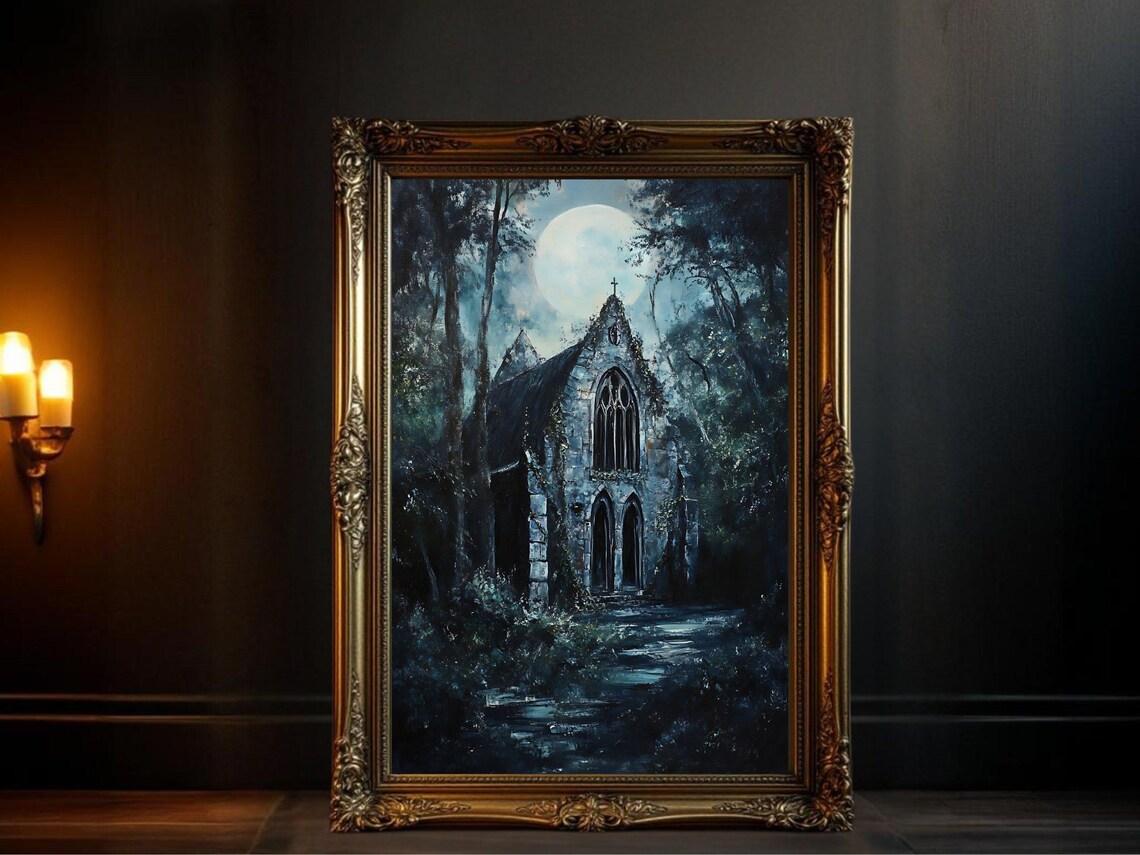 Moonlit Gothic Church, Haunted Spooky Night Art Print