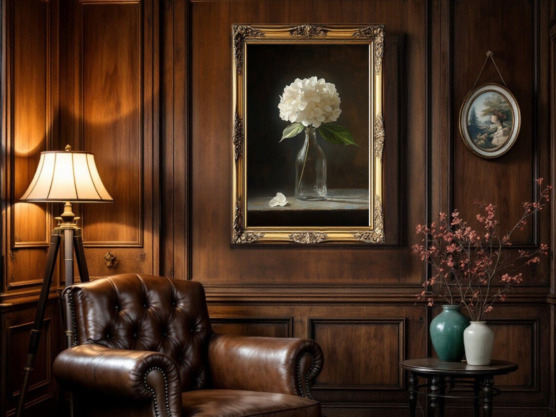 White Hydrangea In Glass Vase, Botanical Art Print - Image 2