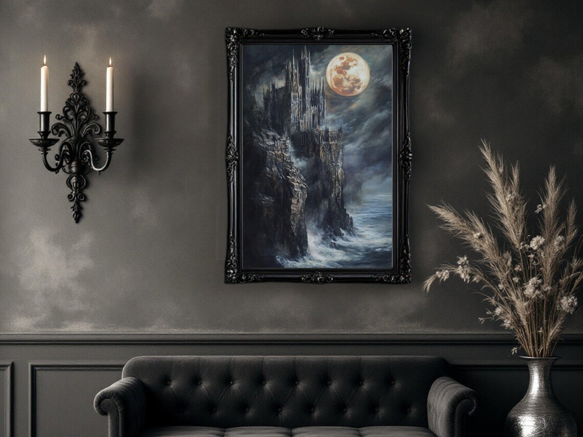 Dark Gothic Castle, Full Moon Night Fantasy Landscape - Image 2