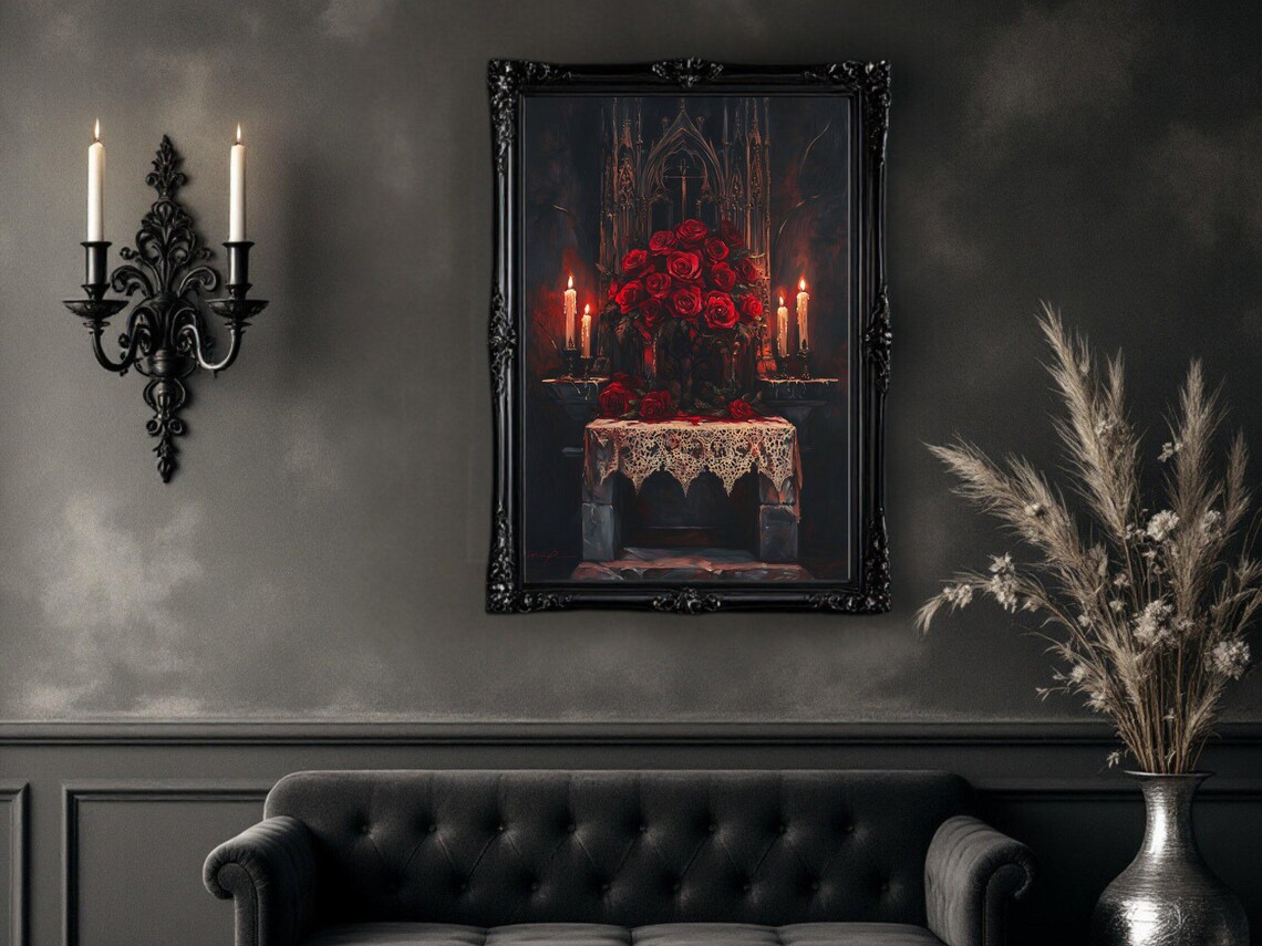 Gothic Roses Candlelit Altar, Dark Romantic Floral Art Print - Image 2