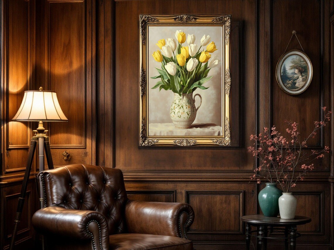 Yellow And White Tulips, Vintage Vase Art Print - Image 2