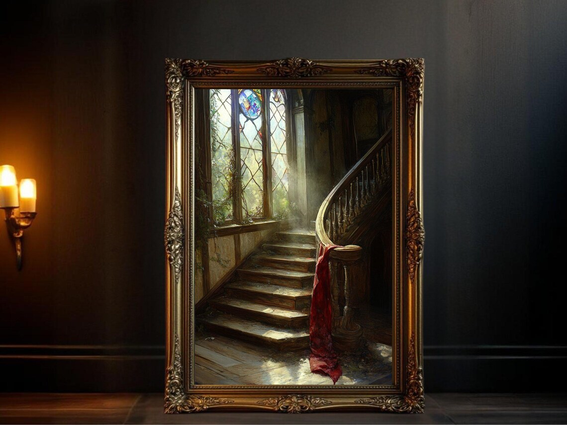 Gothic Staircase Art Print, Dark Academia Illustration