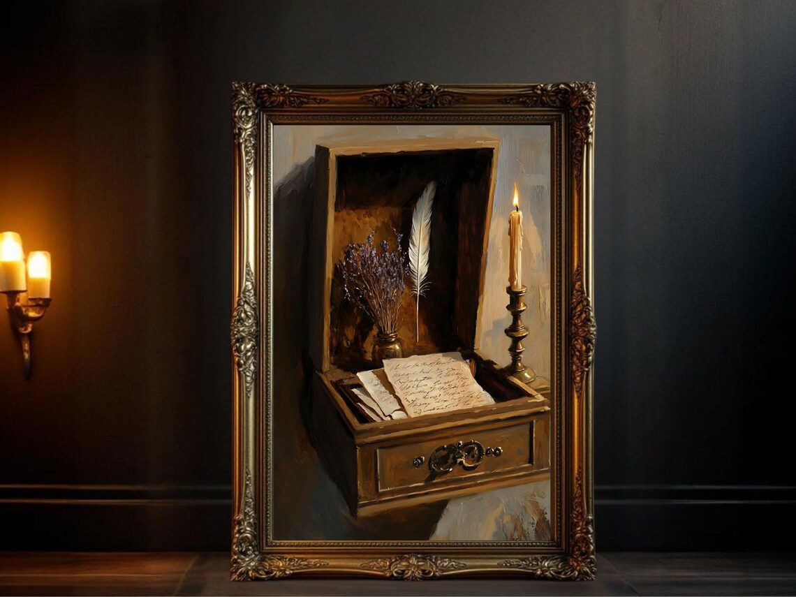 Antique Desk Drawer Still Life, Vintage Oil Painting
