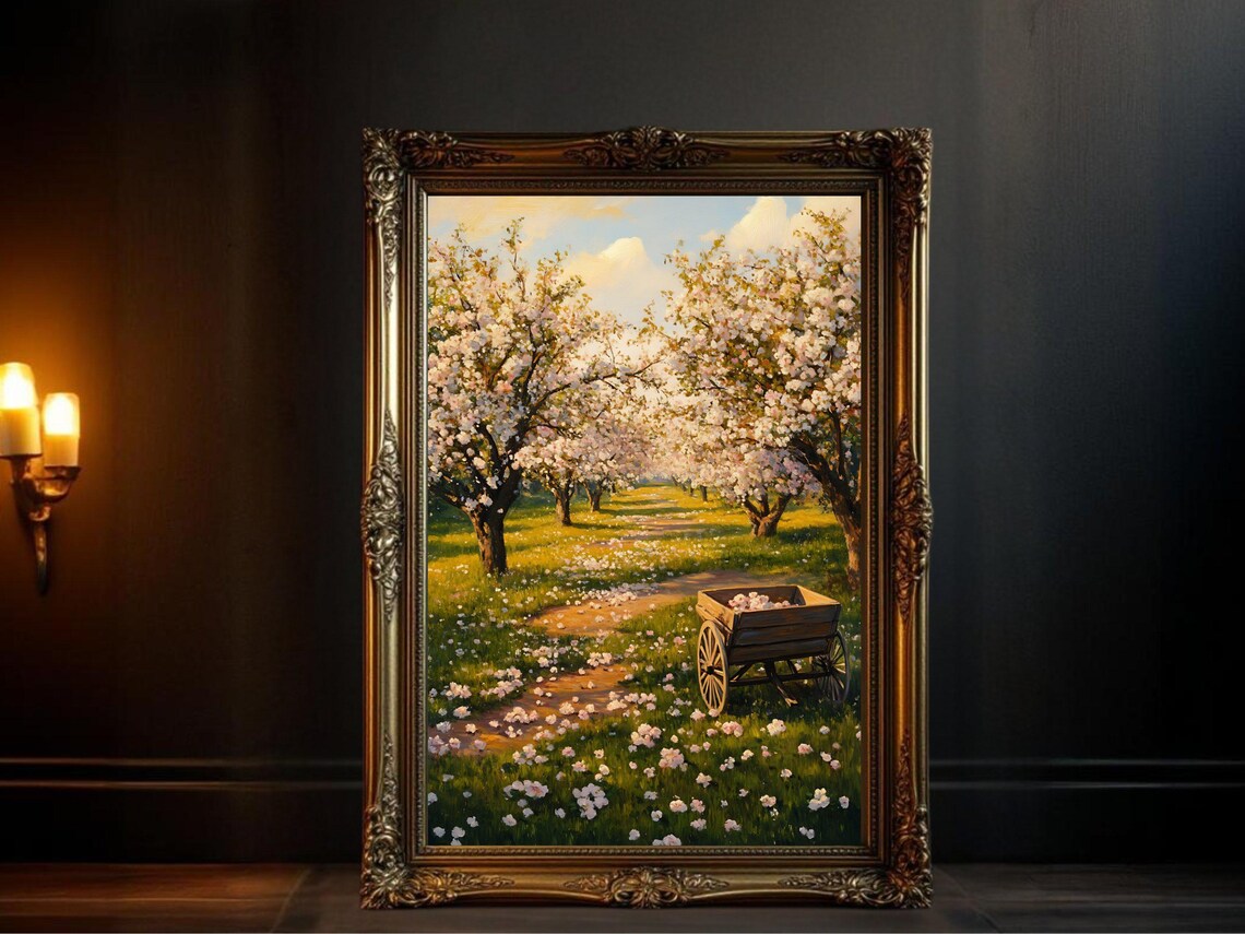 Cherry Blossom Pathway, Vintage Landscape Painting
