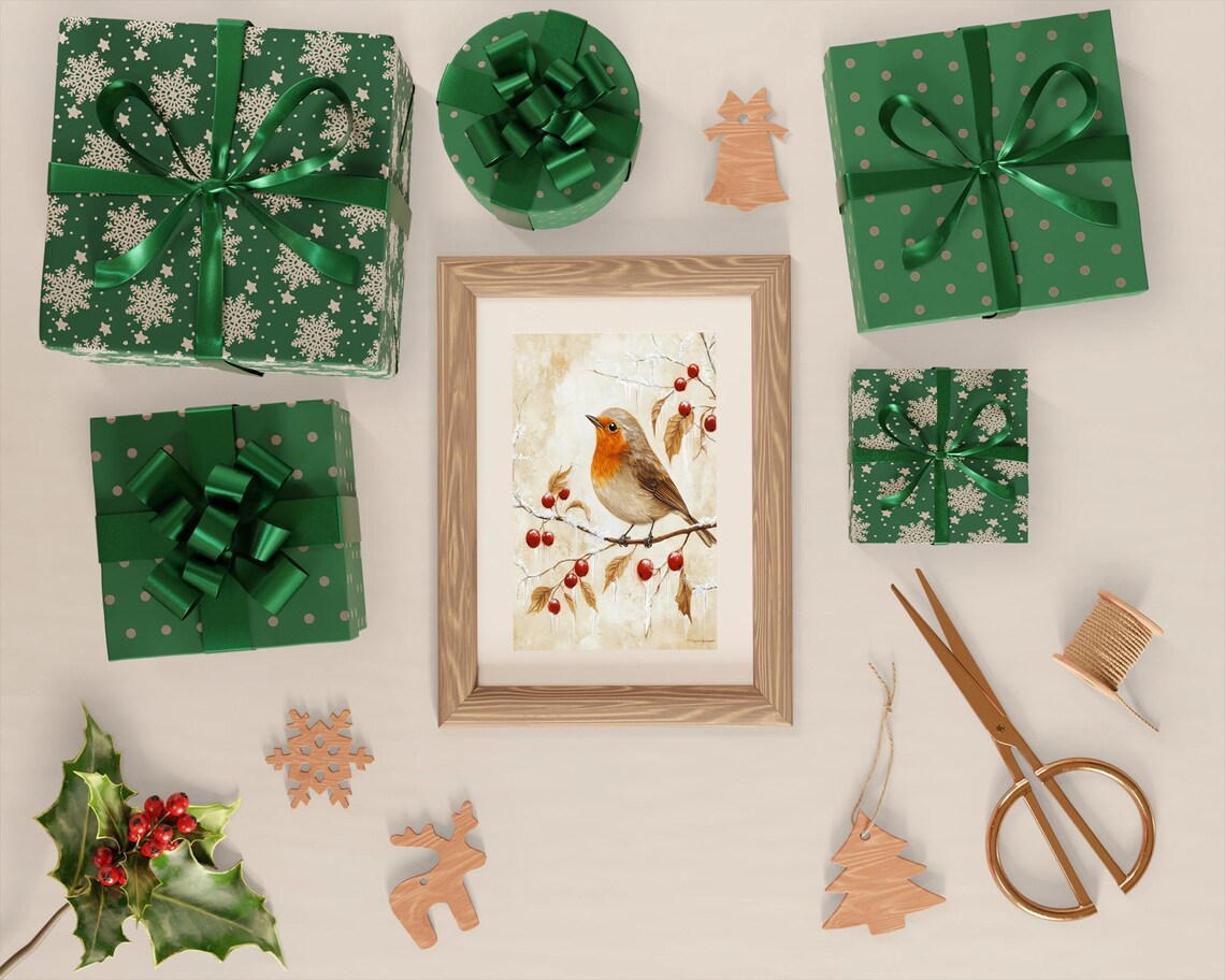 Festive Winter Bird Robin On Branch, Rustic Christmas Scene - Image 2