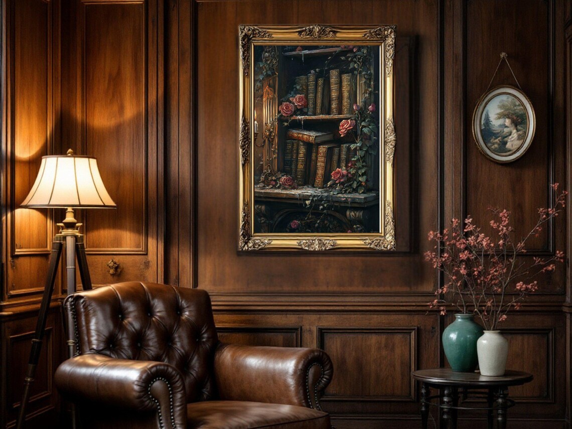 Vintage Bookshelf Roses, Dark Academia Art Print - Image 2