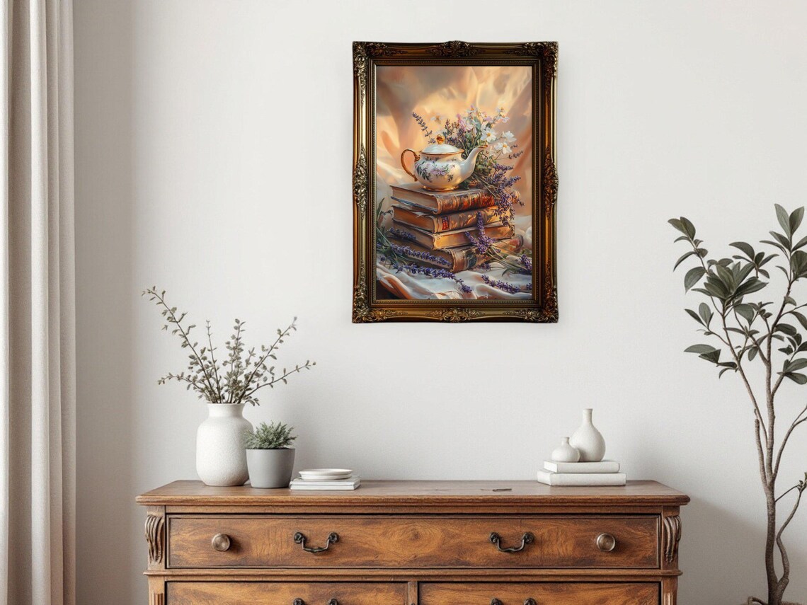 Vintage Oil Painting Teapot On Antique Books - Image 3