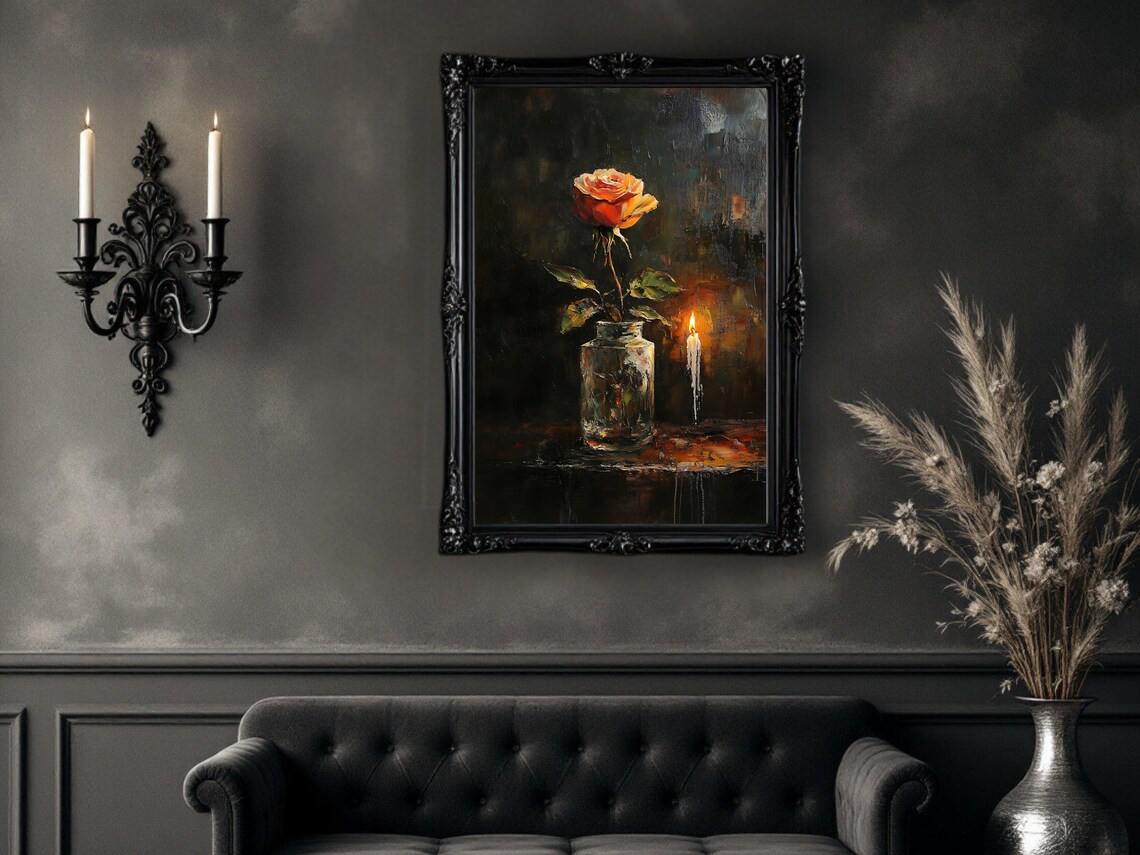 Romantic Rose In Vase, Rustic Floral Painting - Image 2