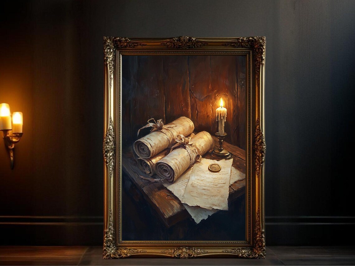 Vintage Scrolls Candlelit Artwork, Antique Manuscript