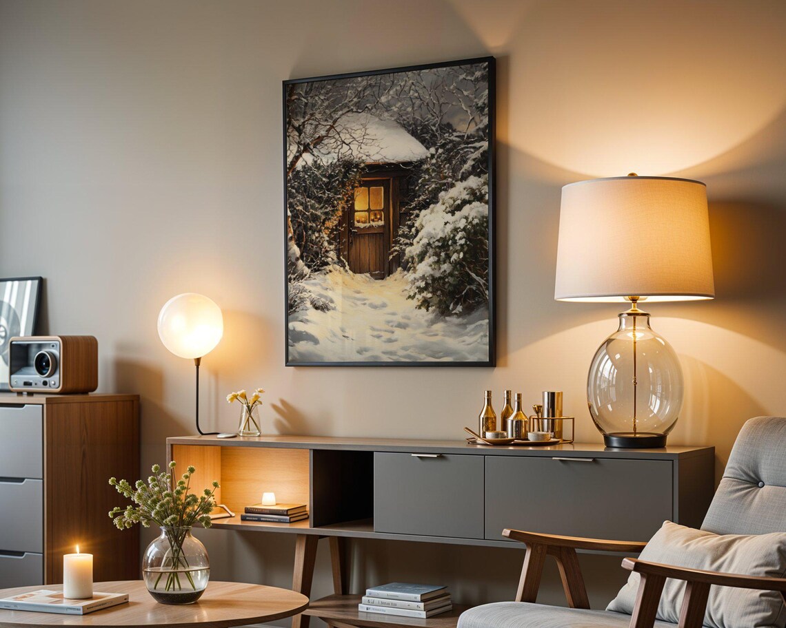Rustic Winter Cabin, Cozy Snowy Night Art Print - Image 3