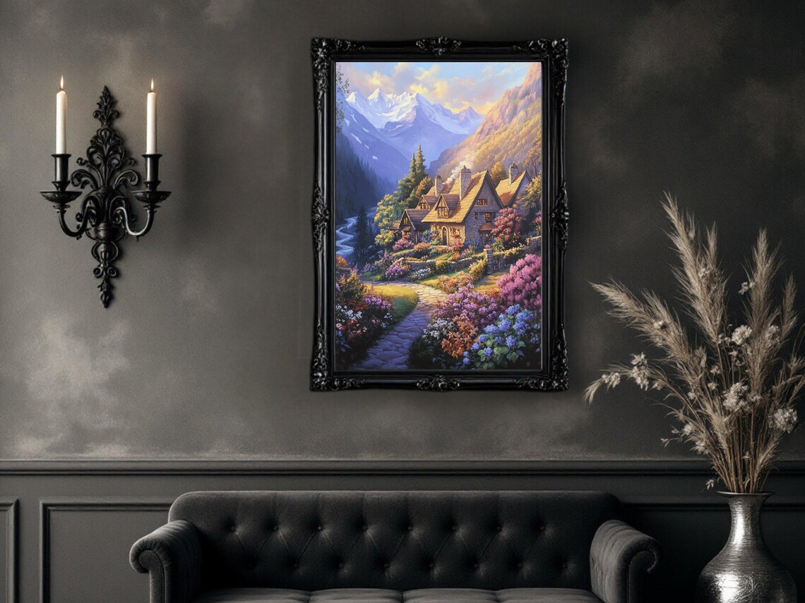 Enchanting Cottage In Bloom, Mountain Landscape Print - Image 2