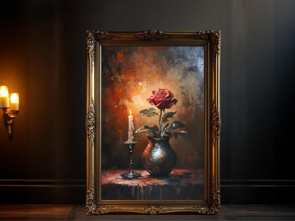 Rose Painting With Candle, Romantic Floral Vintage Decor