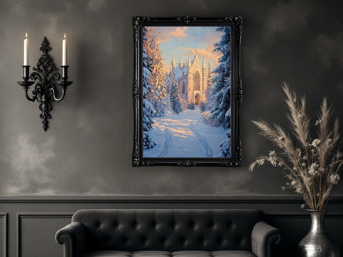 Winter Castle Painting, Snowy Church Scene - Image 2