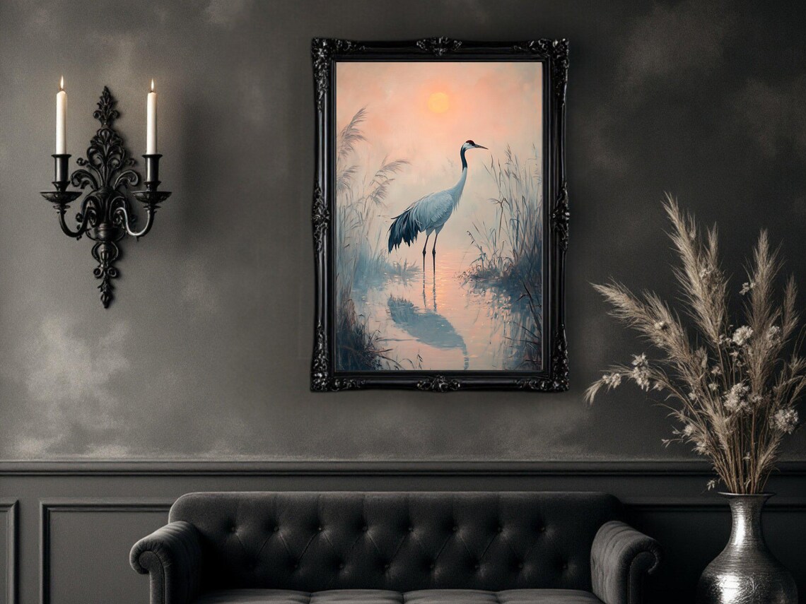 Crane Silhouette, Serene Sunset Nature Scene Print - Image 3