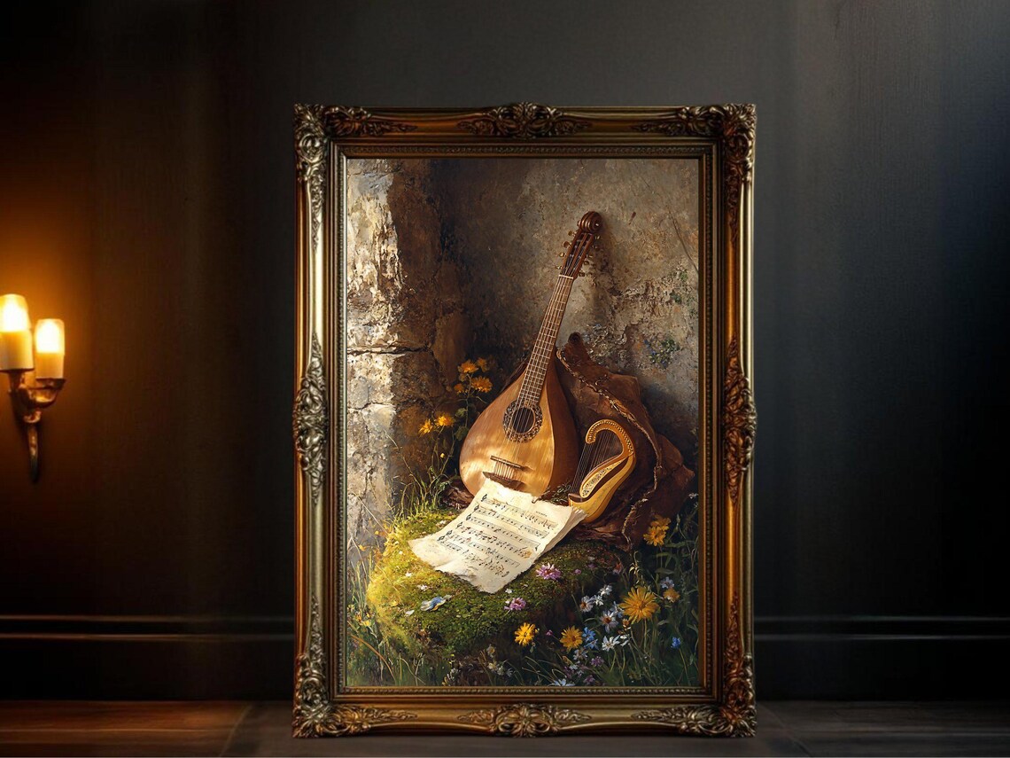Antique Rustic Lute and Music Sheet Vintage Poster