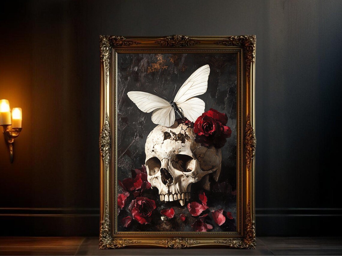 Gothic Skull With Butterfly And Roses Art Print