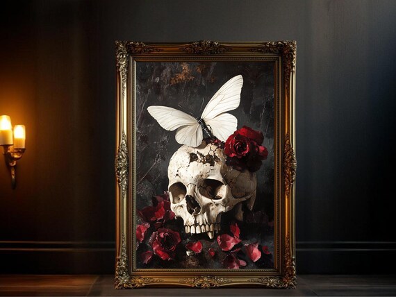 Gothic Skull With Butterfly And Roses Art Print