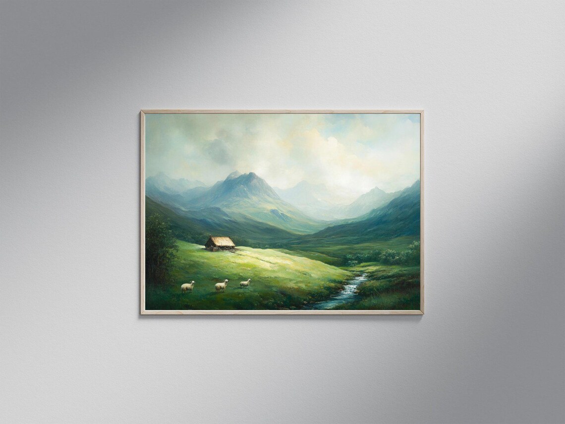Serene Mountain Landscape, Rustic Cabin With Sheep
