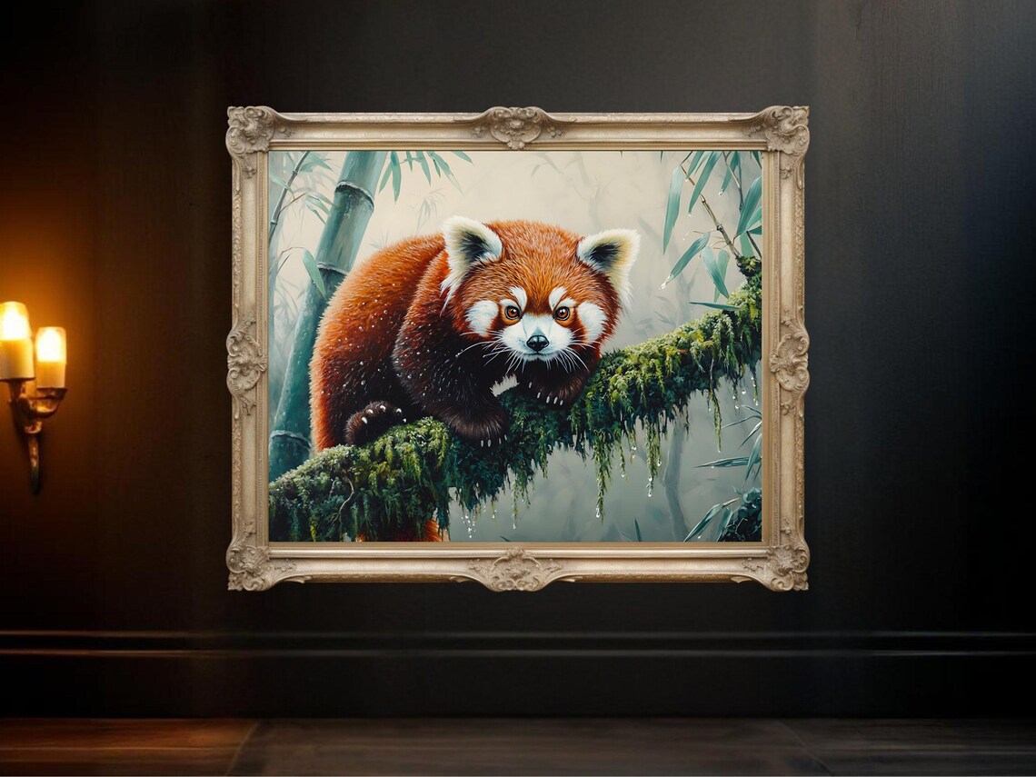 Red Panda on Mossy Branch, Nature Wildlife Poster
