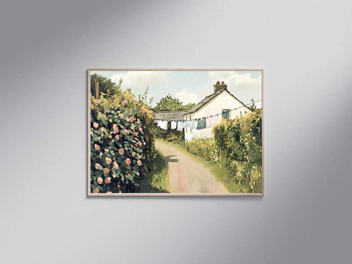 Vintage Country Cottage Rustic Landscape, Art Print