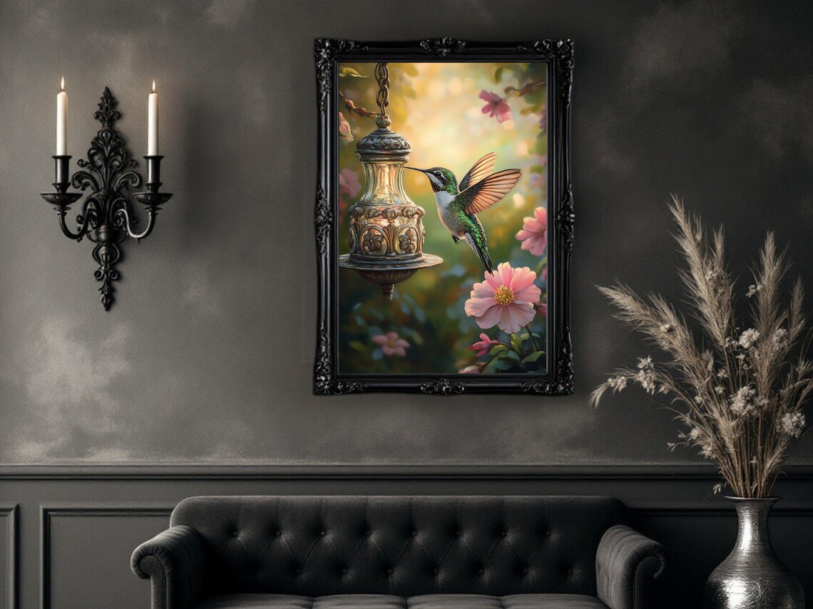 Hummingbird Floral Art Print, Botanical Bird Scene - Image 3