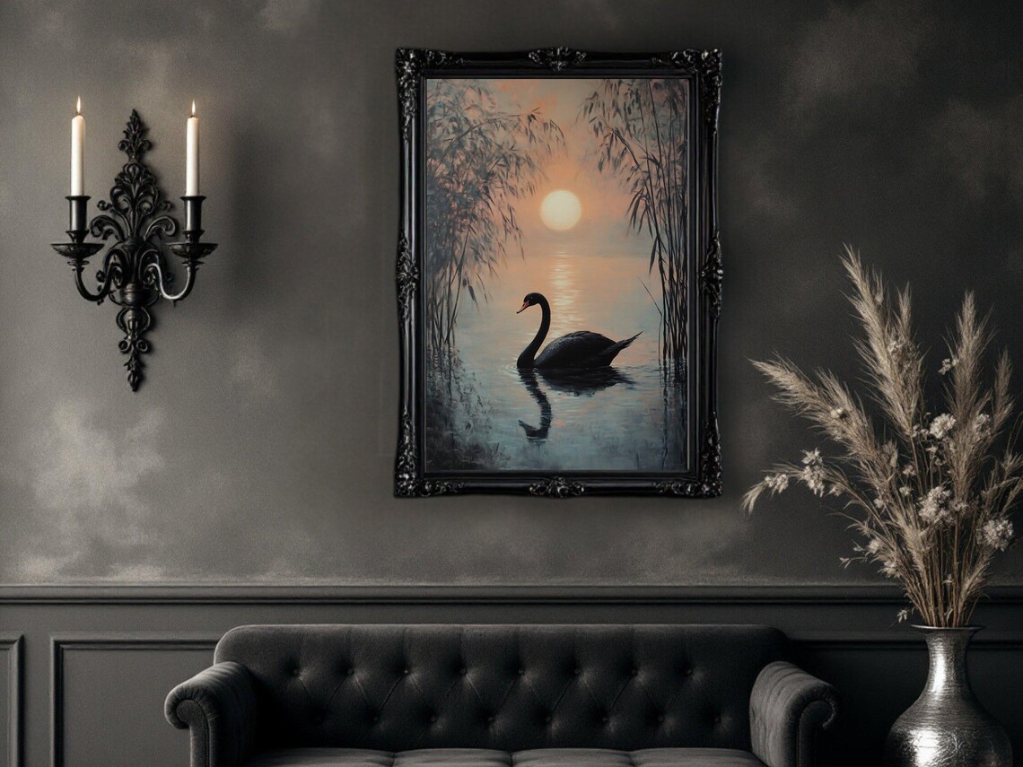 Black Swan Sunset, Serene Lake Scene Art Print - Image 3