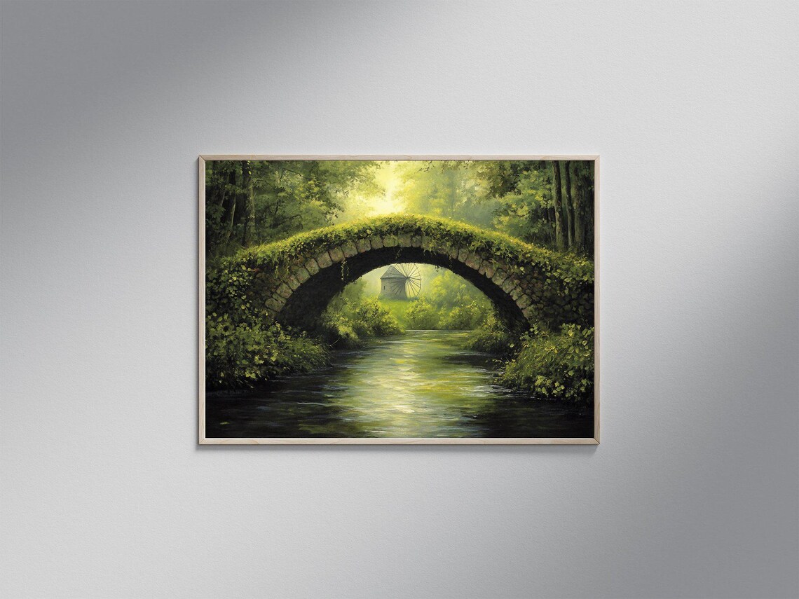 Bridge Over River, Serene Forest Landscape Art