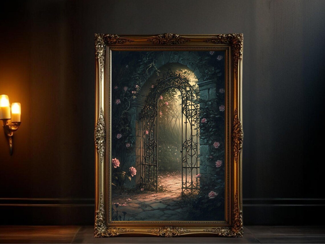 Enchanted Garden Gate, Mystical Rose Archway Print