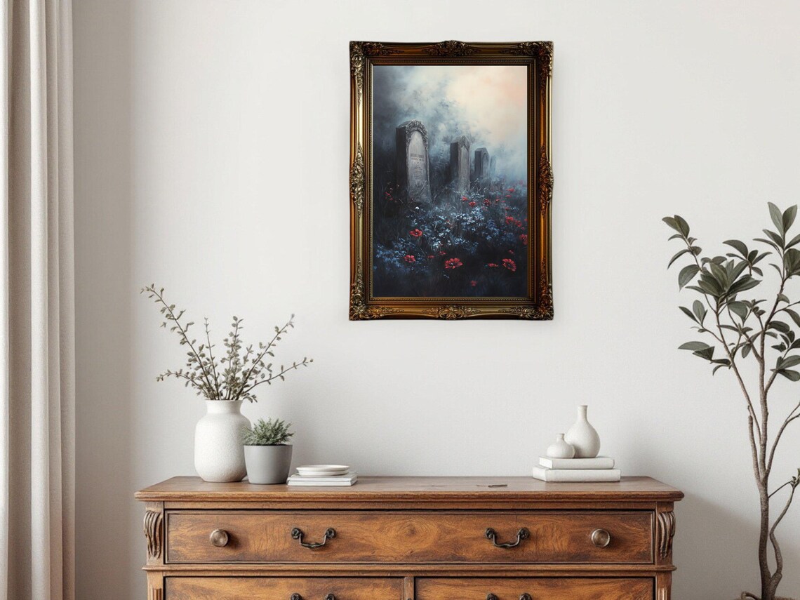 Haunting Cemetery Scene, Gothic Foggy Landscape Art Print - Image 3