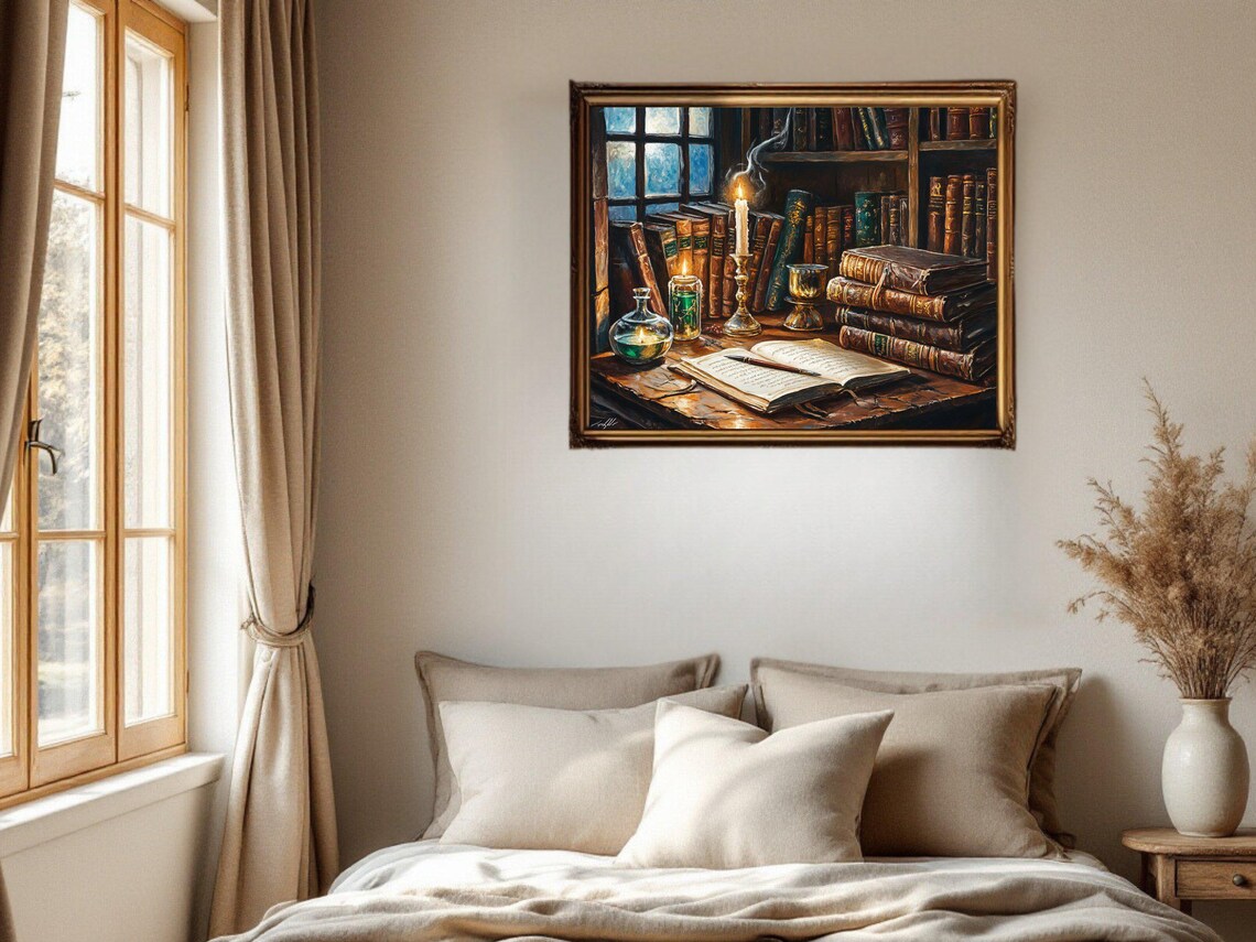 Vintage Library Bookshelf, Candlelit Book Scene - Image 2