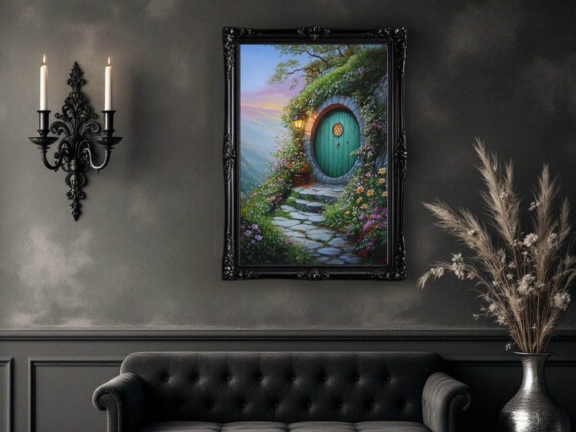 Whimsical Green Door, Enchanted Garden Landscape Art Print - Image 2