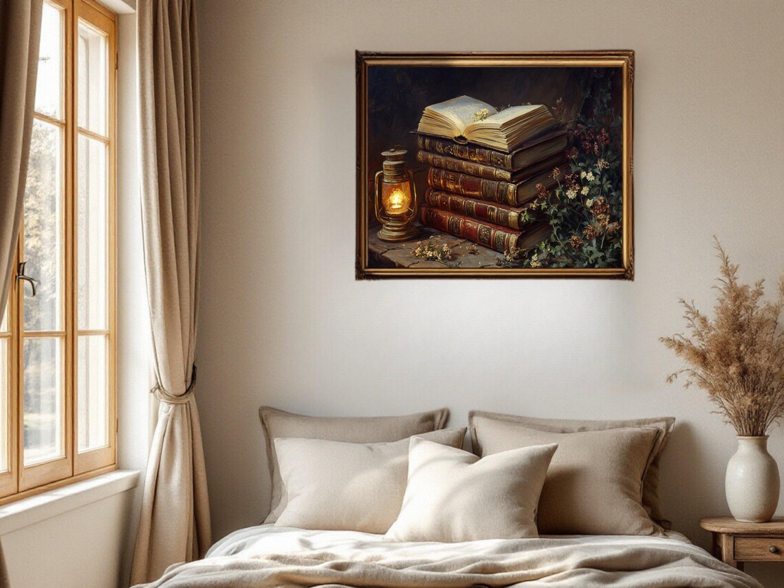 Vintage Books Lantern Floral Poster Print, Cozy Reading Nook - Image 2
