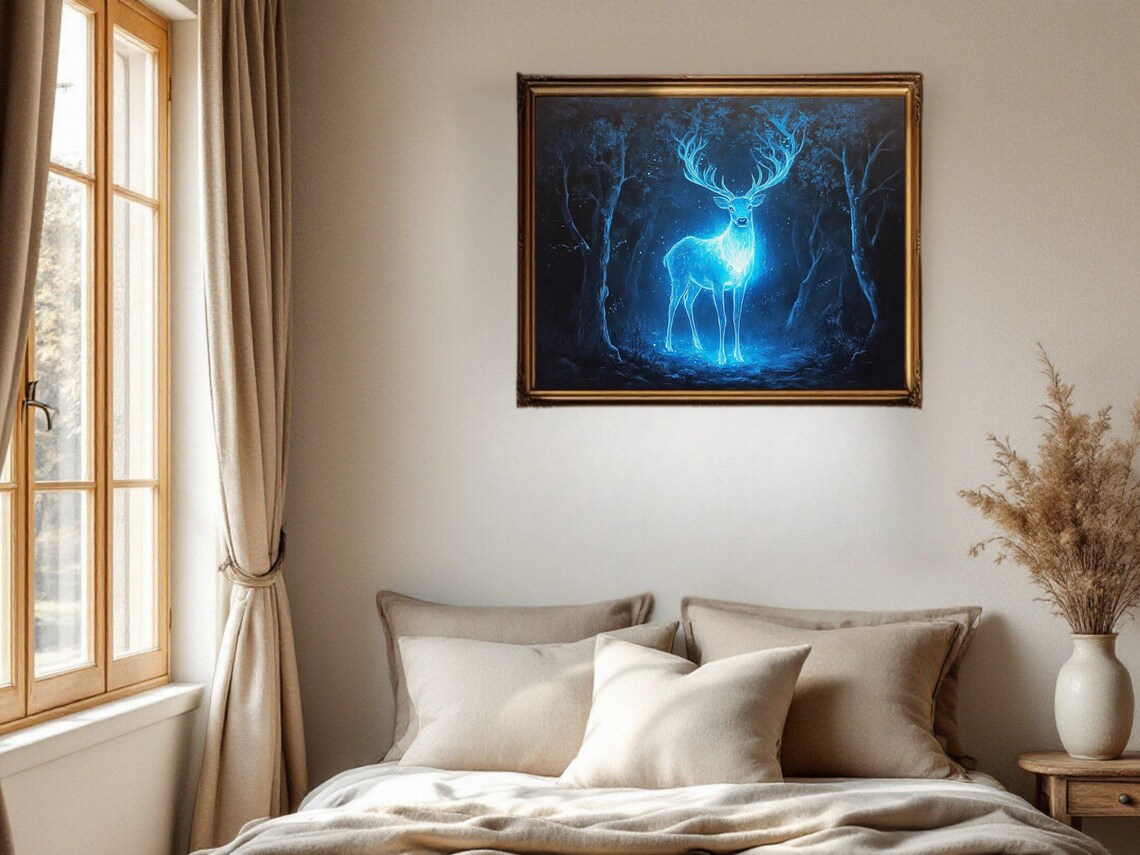 Magical Blue Glowing Deer Forest Fantasy Art Print - Image 2