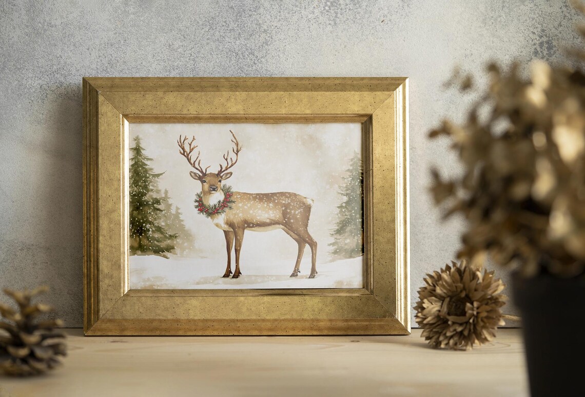 Vintage Reindeer Christmas Art, Rustic Winter Scene - Image 2