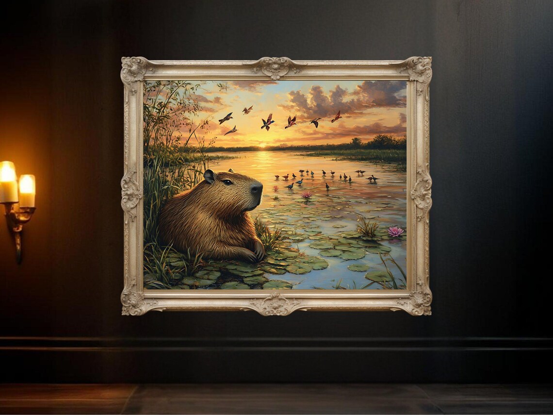 Capybara Sunset Art Print, Tranquil Wetlands Wildlife Scene