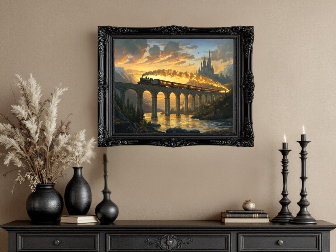 Vintage Train, Sunset Railway Bridge Travel Poster - Image 3