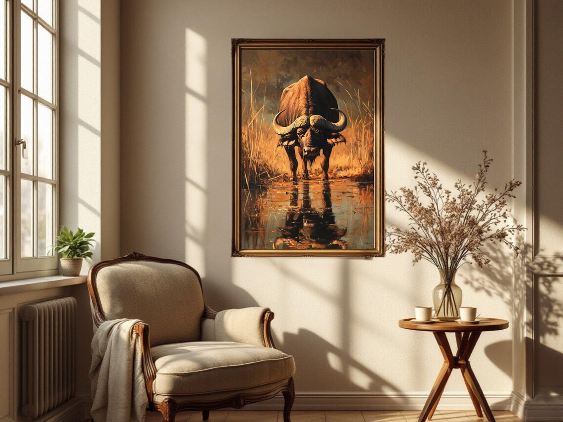 African Buffalo Art Print, Rustic Wildlife Painting - Image 2