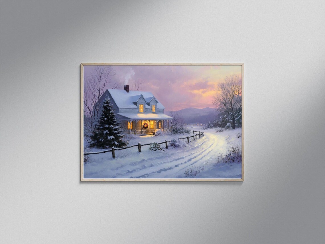 Cozy Winter Cottage, Snowy Evening Landscape Print