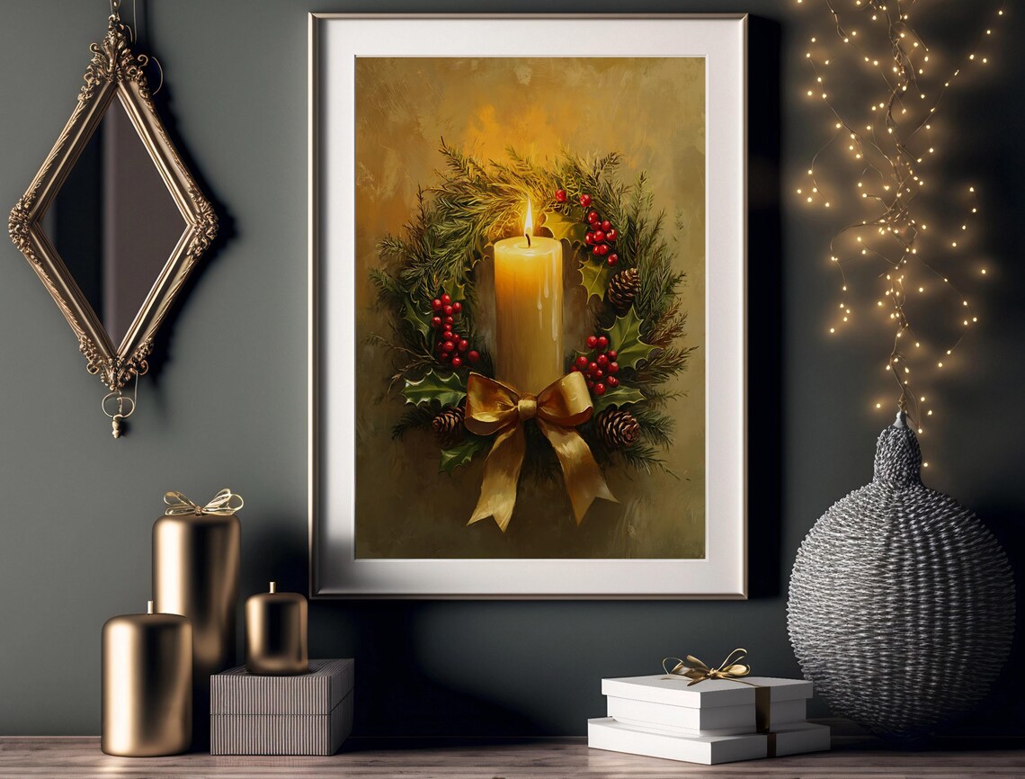 Rustic Christmas Candle Wreath, Vintage Holiday Art - Image 3