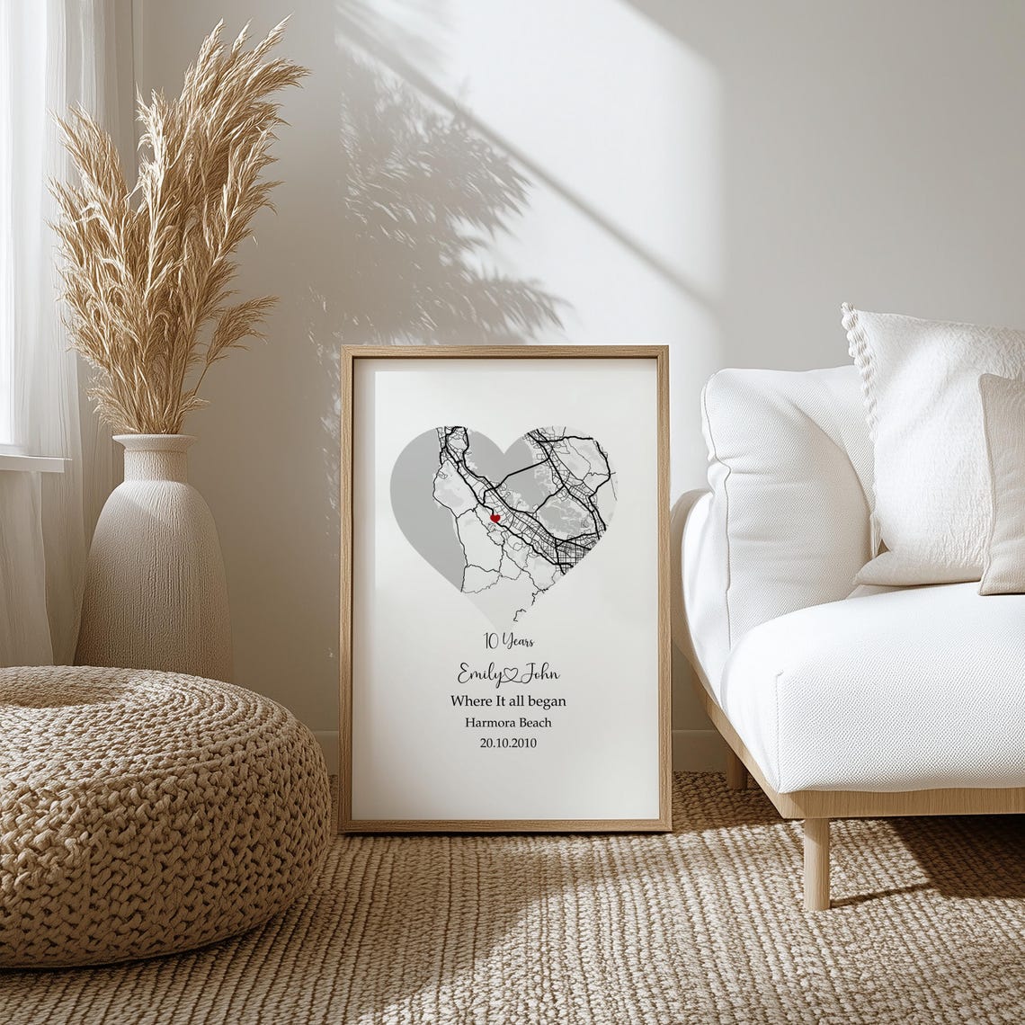 Heart Map Anniversary Emily and John Harmora Beach 10 Years Poster