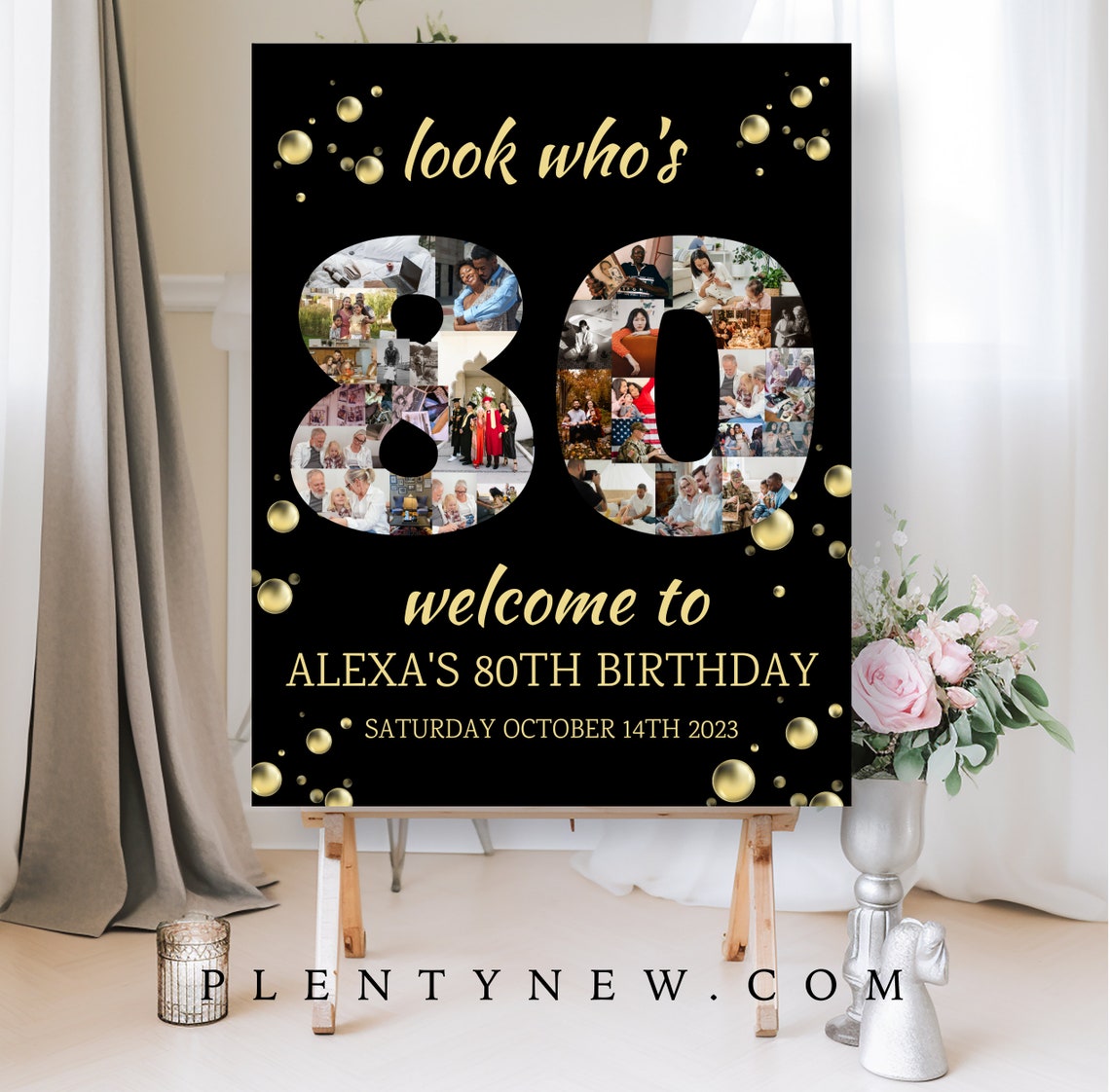 Look Who's 80 Black Gold Photo Collage Birthday Welcome Poster