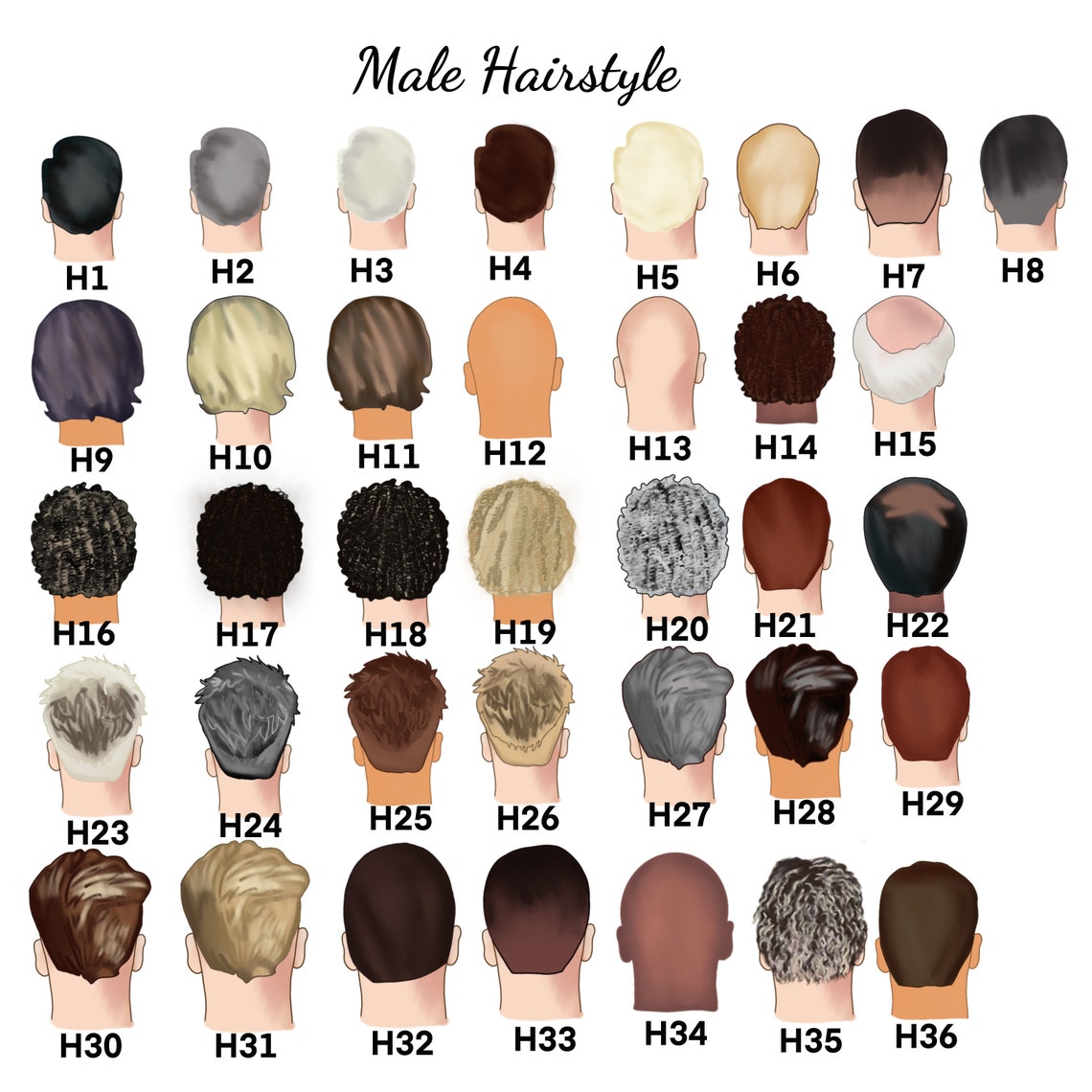 Male Hairstyle Selection Chart H1 to H36 Custom Options Poster