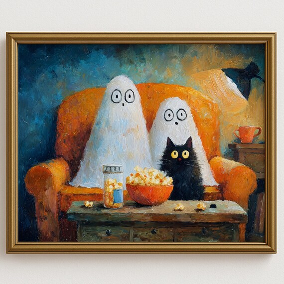 Cute Ghosts And Cat With Popcorn Wall Art Halloween Oil Painting Cozy Spooky Movie Night Decor